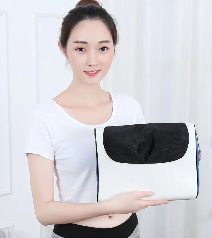 Electric cervical massage pillow with 16 heads in beige, rectangular trapezoid shape with computer control panel