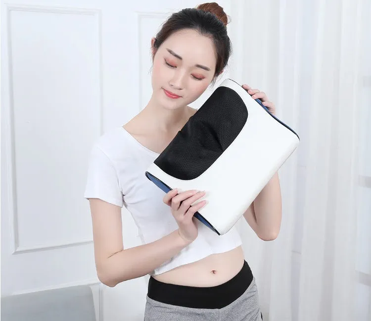 Electric cervical massage pillow with 16 heads in beige, rectangular trapezoid shape with computer control panel