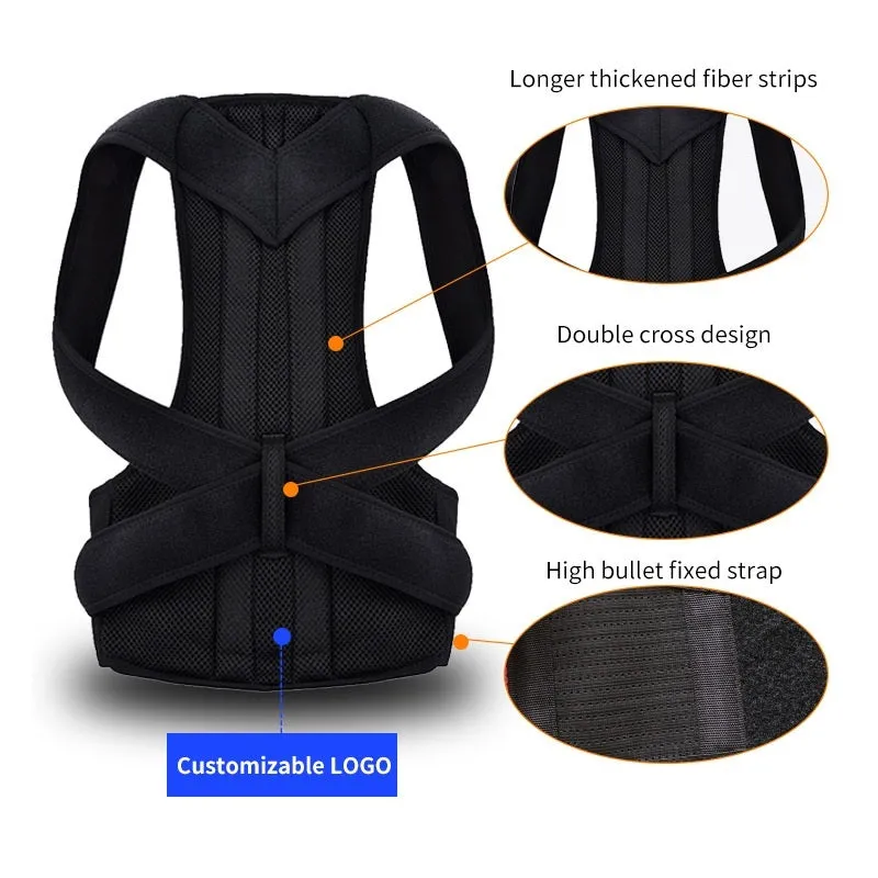 Black humpback posture correction belt for men and women made of polyester fibre, adjustable for running and fitness