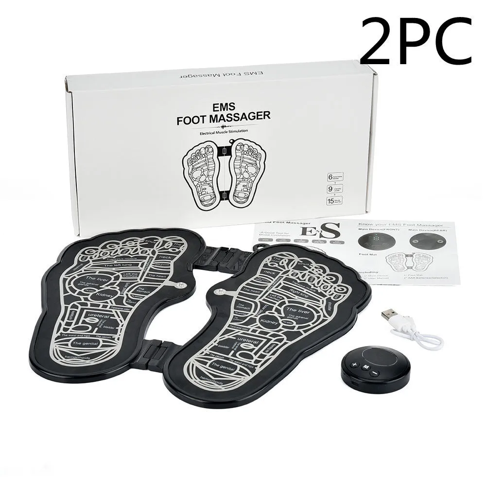 Black rechargeable foldable EMS foot massager pad with control host on floor