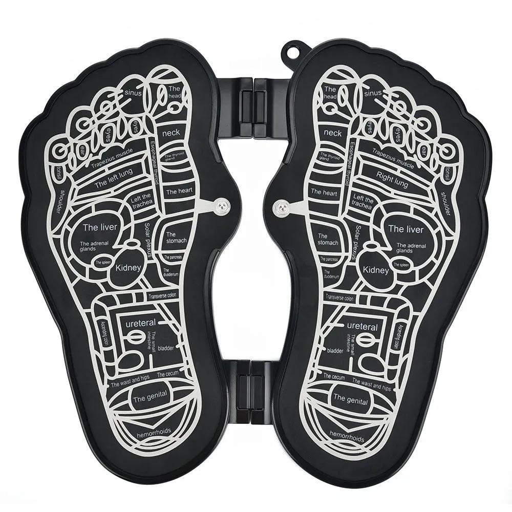 Black rechargeable foldable EMS foot massager pad with control host on floor