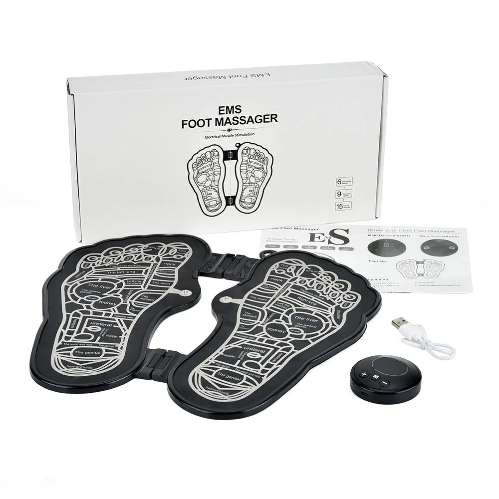 Black rechargeable foldable EMS foot massager pad with control host on floor