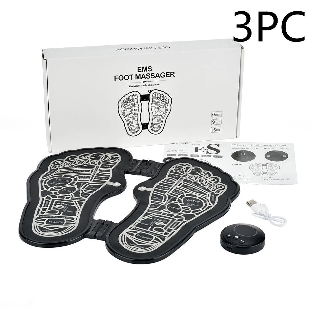 Black rechargeable foldable EMS foot massager pad with control host on floor