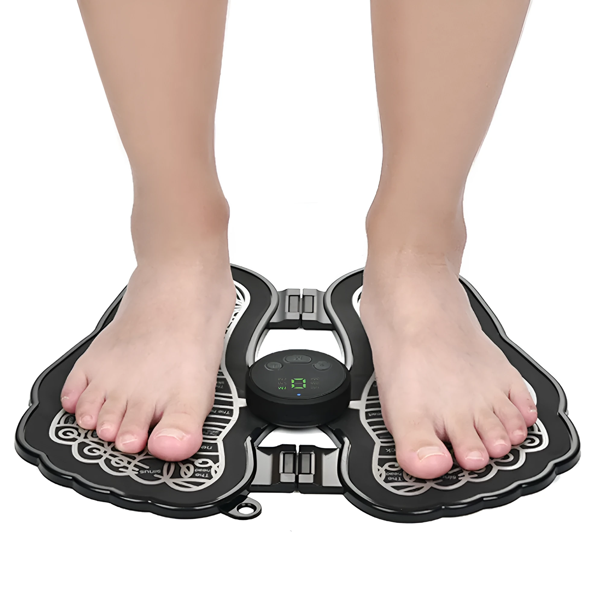 Black rechargeable foldable EMS foot massager pad with control host on floor