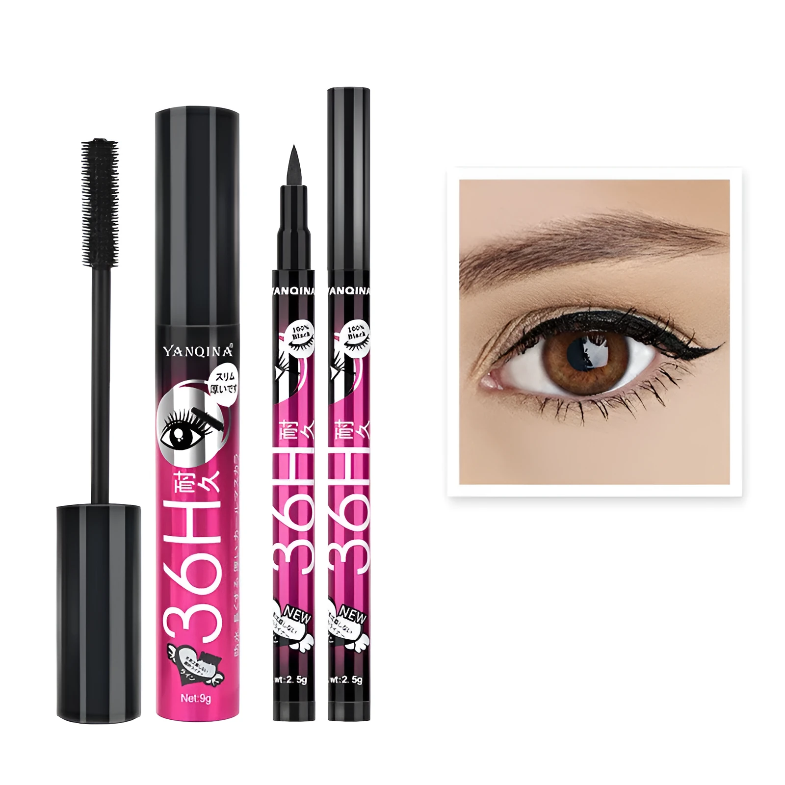 Eyeliner and mascara combo set in black with red blue purple colour options on white background