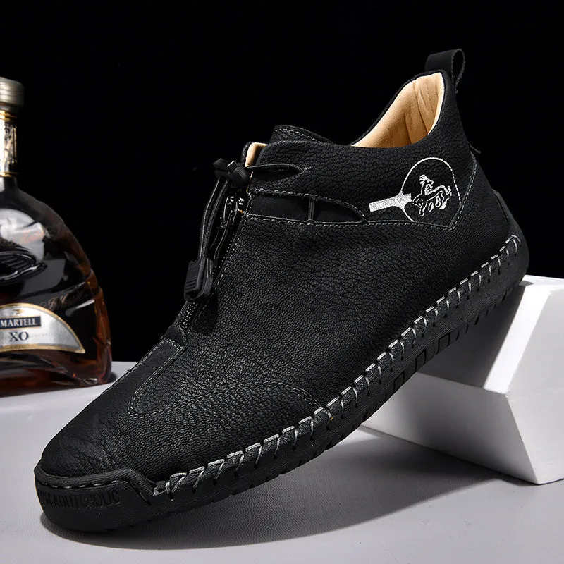 Men's tall crown casual leather shoes in black with a round toe and mid-height rubber sole.