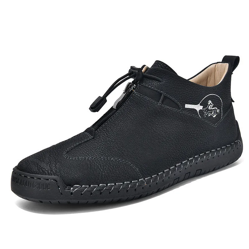 Men's tall crown casual leather shoes in black with a round toe and mid-height rubber sole.
