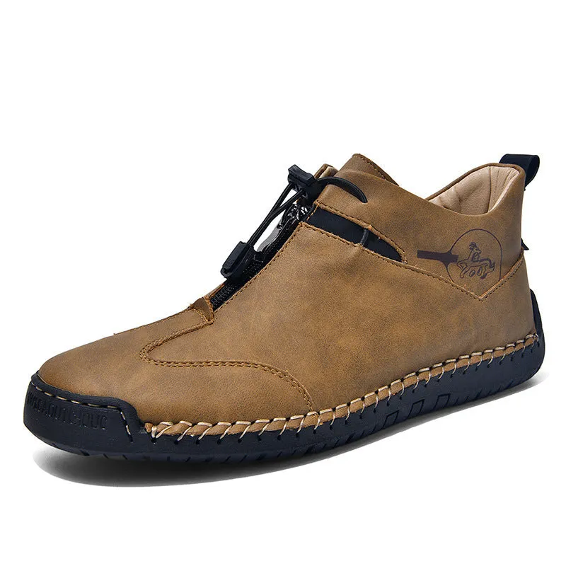 Men's tall crown casual leather shoes in black with a round toe and mid-height rubber sole.