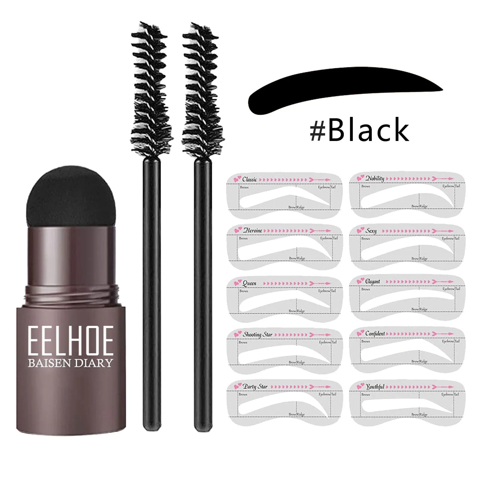 Eyebrow mold set with dark brown stencil and makeup powder on a beauty tool