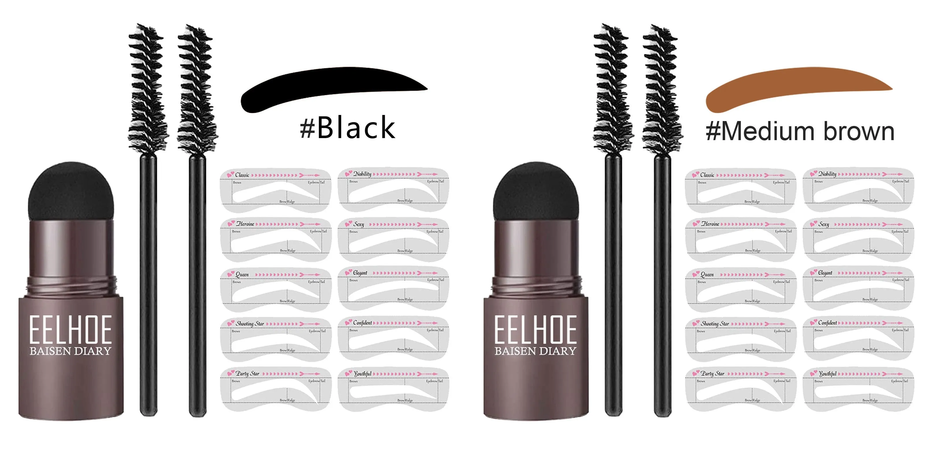 Eyebrow mold set with dark brown stencil and makeup powder on a beauty tool