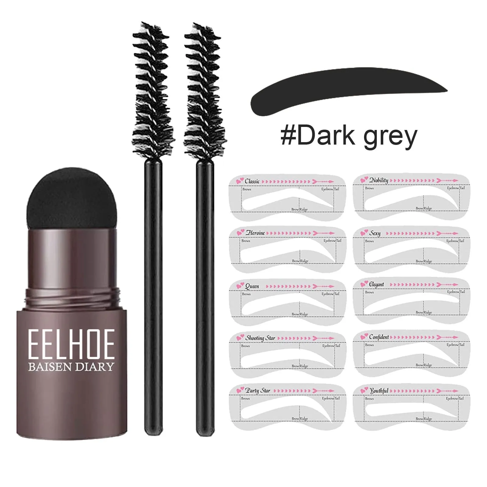 Eyebrow mold set with dark brown stencil and makeup powder on a beauty tool