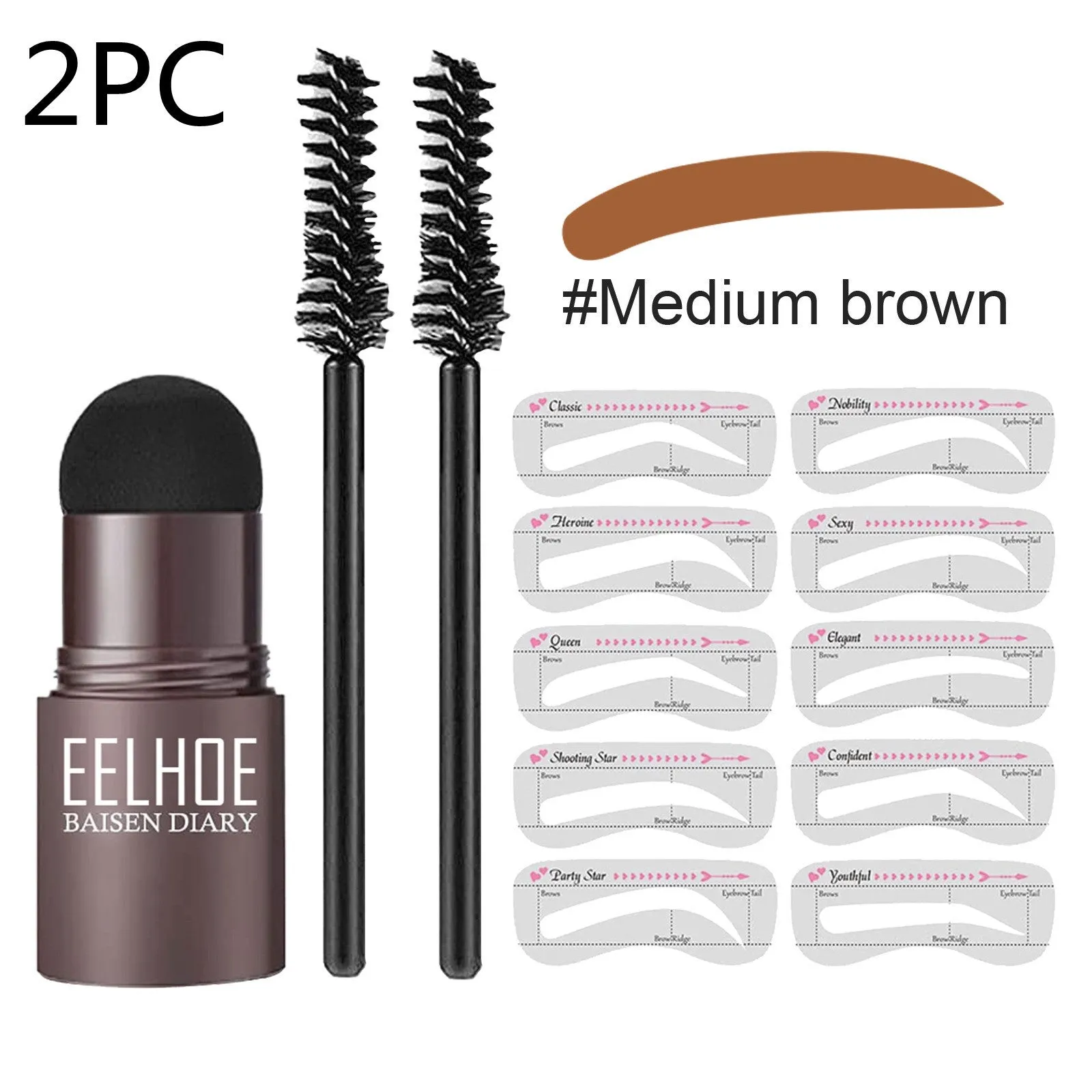 Eyebrow mold set with dark brown stencil and makeup powder on a beauty tool