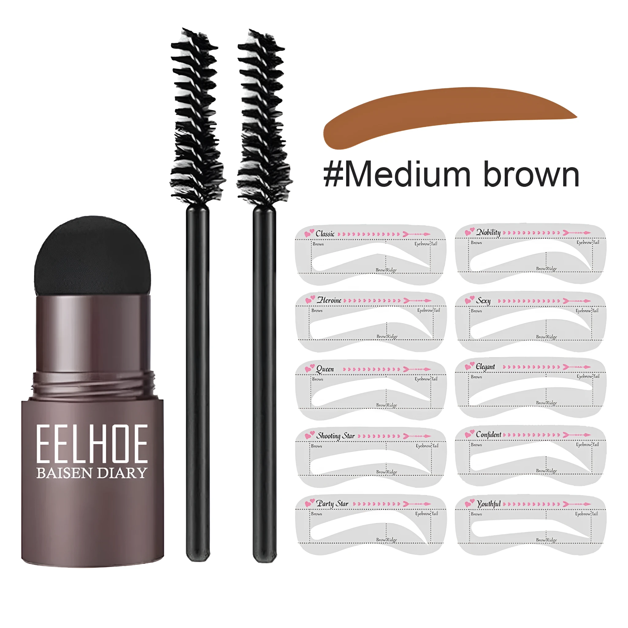 Eyebrow mold set with dark brown stencil and makeup powder on a beauty tool
