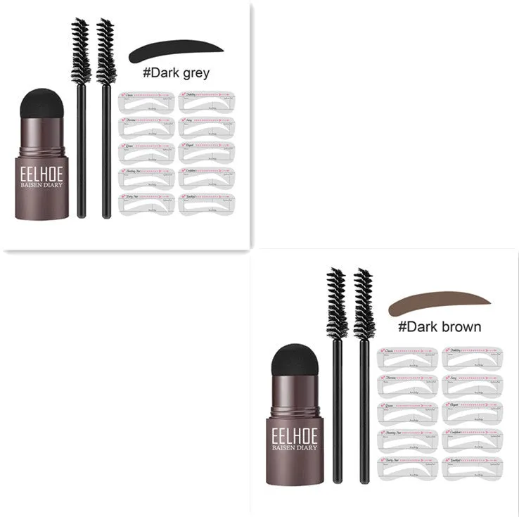 Eyebrow mold set with dark brown stencil and makeup powder on a beauty tool