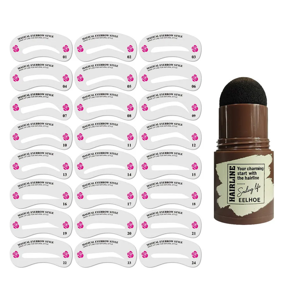 Eyebrow mold set with dark brown stencil and makeup powder on a beauty tool