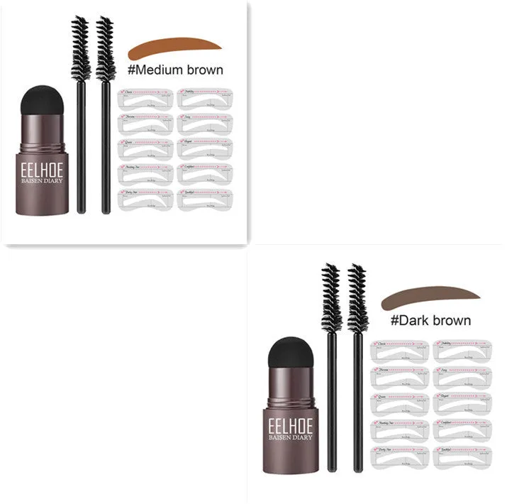 Eyebrow mold set with dark brown stencil and makeup powder on a beauty tool