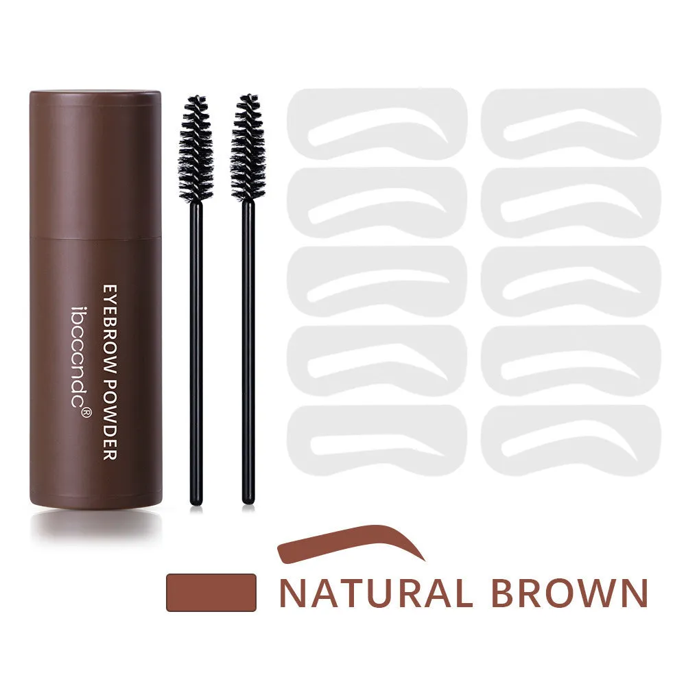 Eyebrow mold set with dark brown stencil and makeup powder on a beauty tool