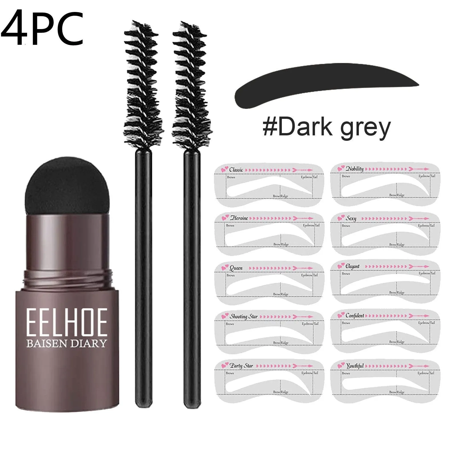 Eyebrow mold set with dark brown stencil and makeup powder on a beauty tool