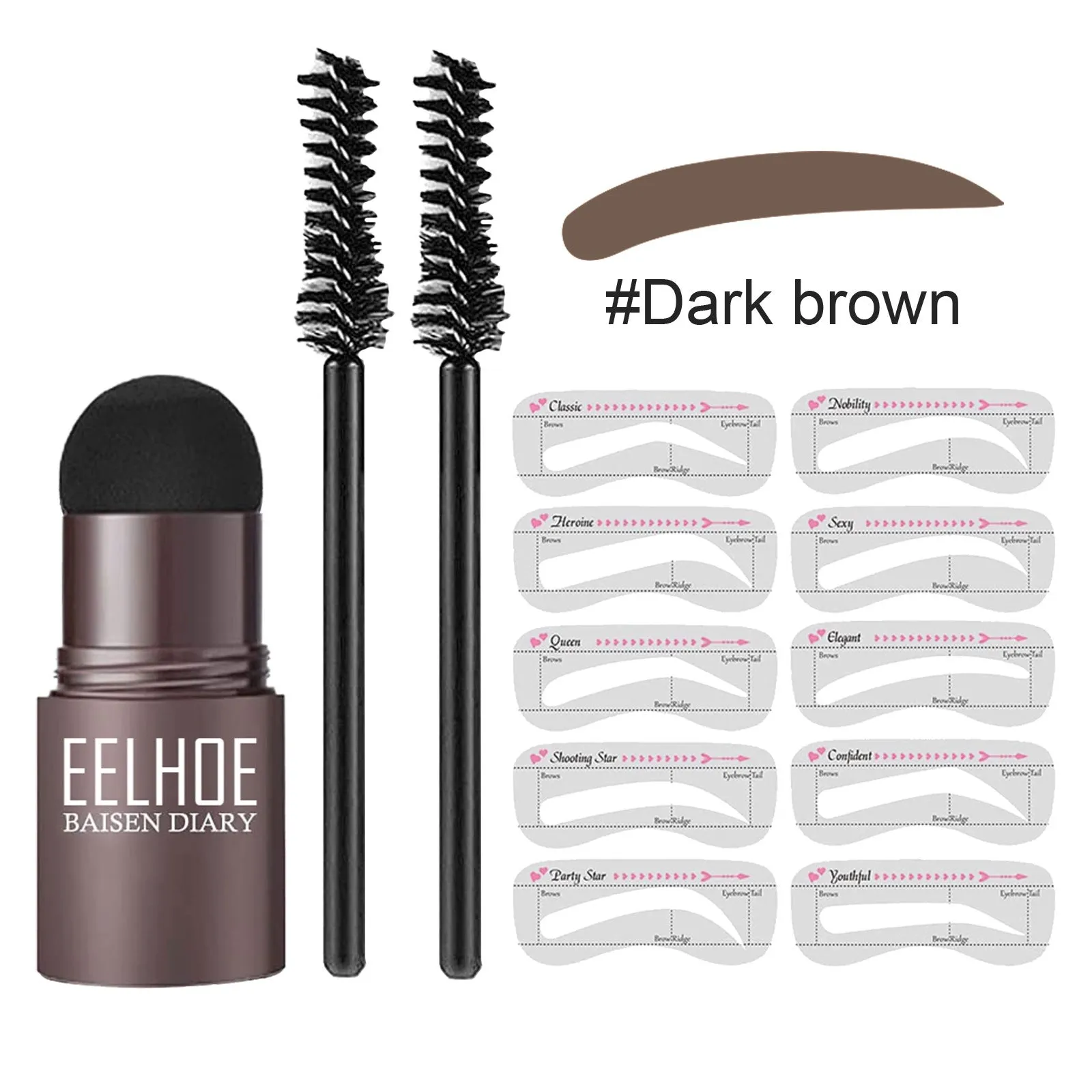 Eyebrow mold set with dark brown stencil and makeup powder on a beauty tool