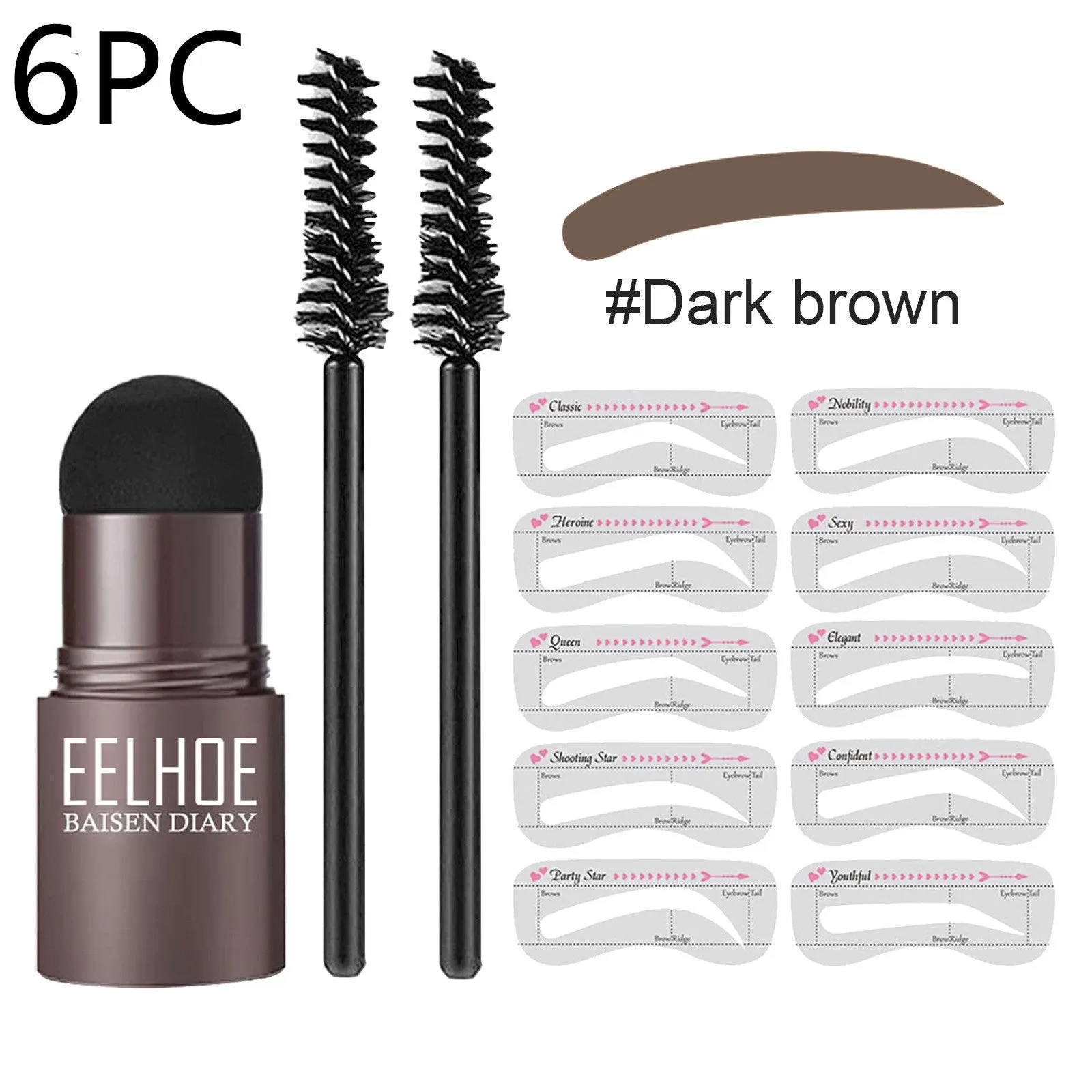 Eyebrow mold set with dark brown stencil and makeup powder on a beauty tool