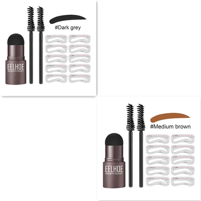 Eyebrow mold set with dark brown stencil and makeup powder on a beauty tool