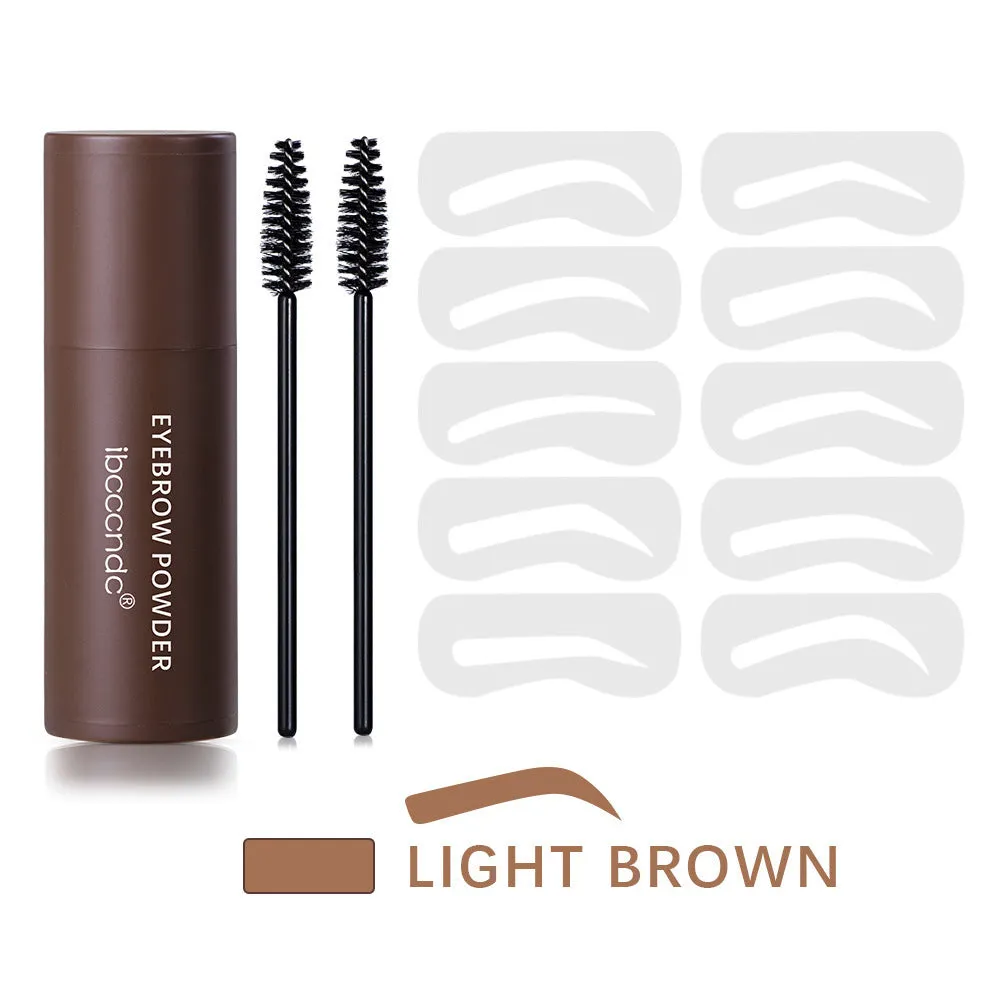 Eyebrow mold set with dark brown stencil and makeup powder on a beauty tool