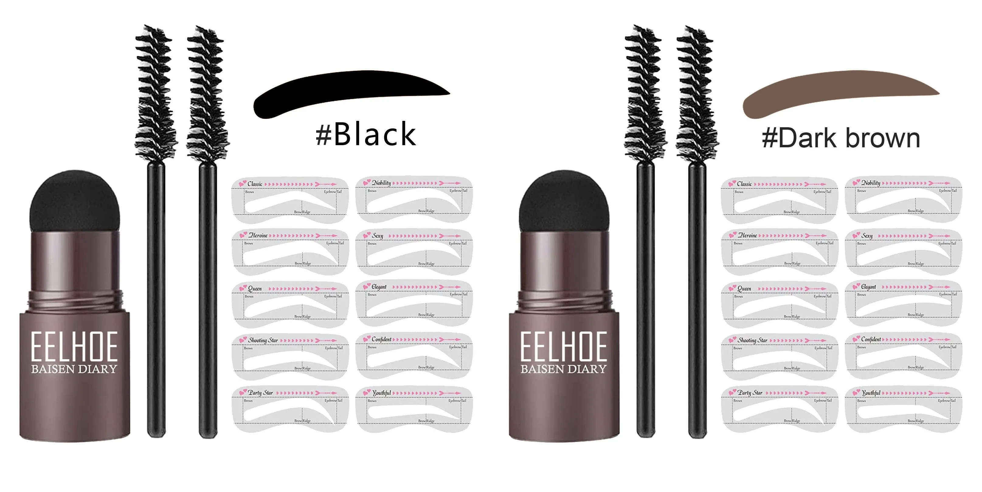 Eyebrow mold set with dark brown stencil and makeup powder on a beauty tool