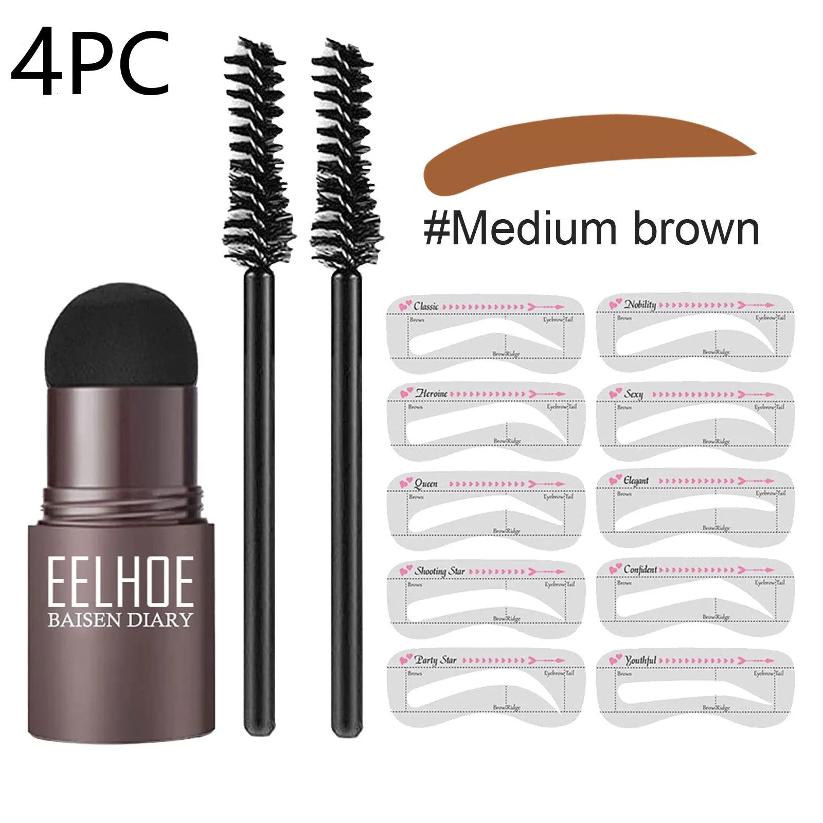 Eyebrow mold set with dark brown stencil and makeup powder on a beauty tool