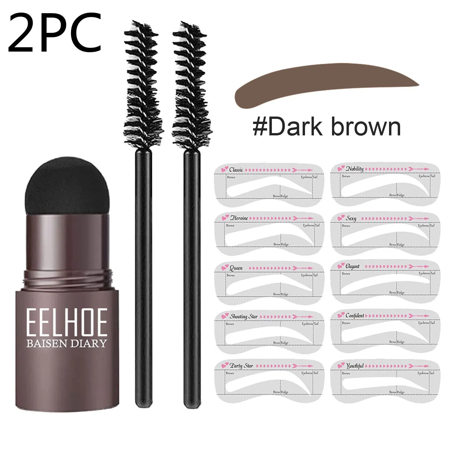 Eyebrow mold set with dark brown stencil and makeup powder on a beauty tool