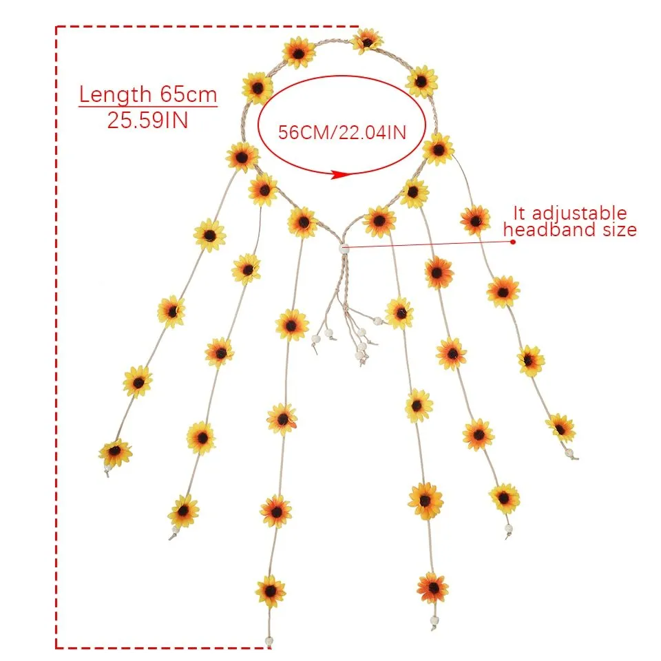 Handmade sun flower headdress garland hair band with Korean velvet and wooden beads in a bohemian style