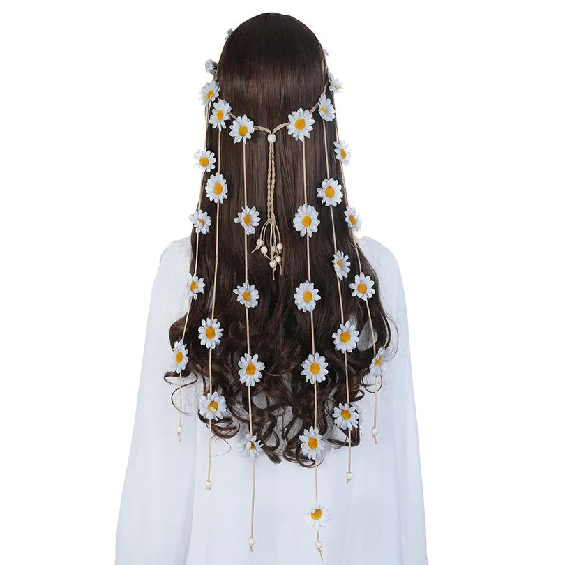 Handmade sun flower headdress garland hair band with Korean velvet and wooden beads in a bohemian style