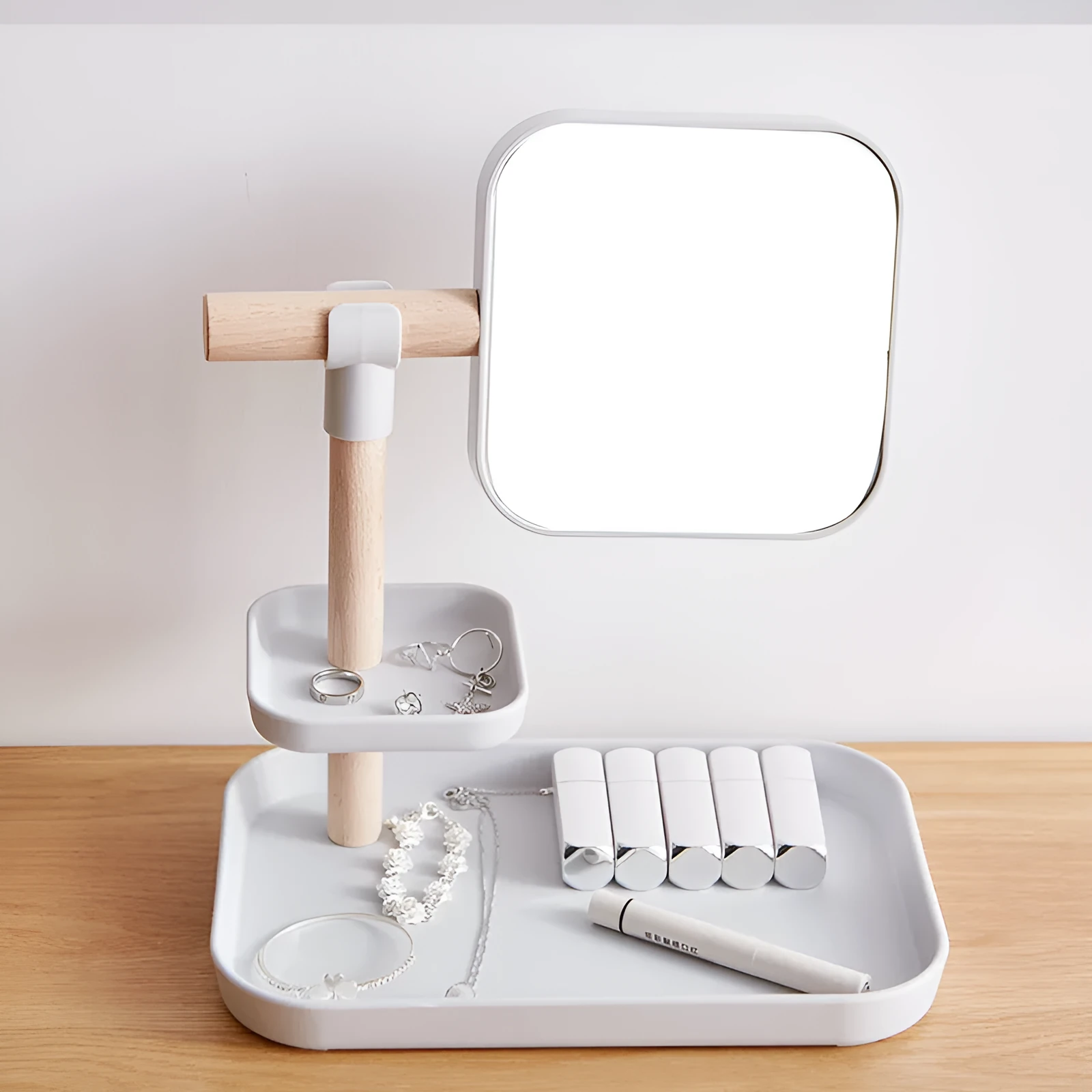 Beech wood desktop cosmetics storage box with mirror, 27x19x30cm, in grey finish, holding makeup brushes and lipsticks on a dressing table