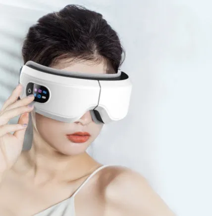 White eye massager with air pressure, hot compress, and vibration functions, USB-powered, with Bluetooth music