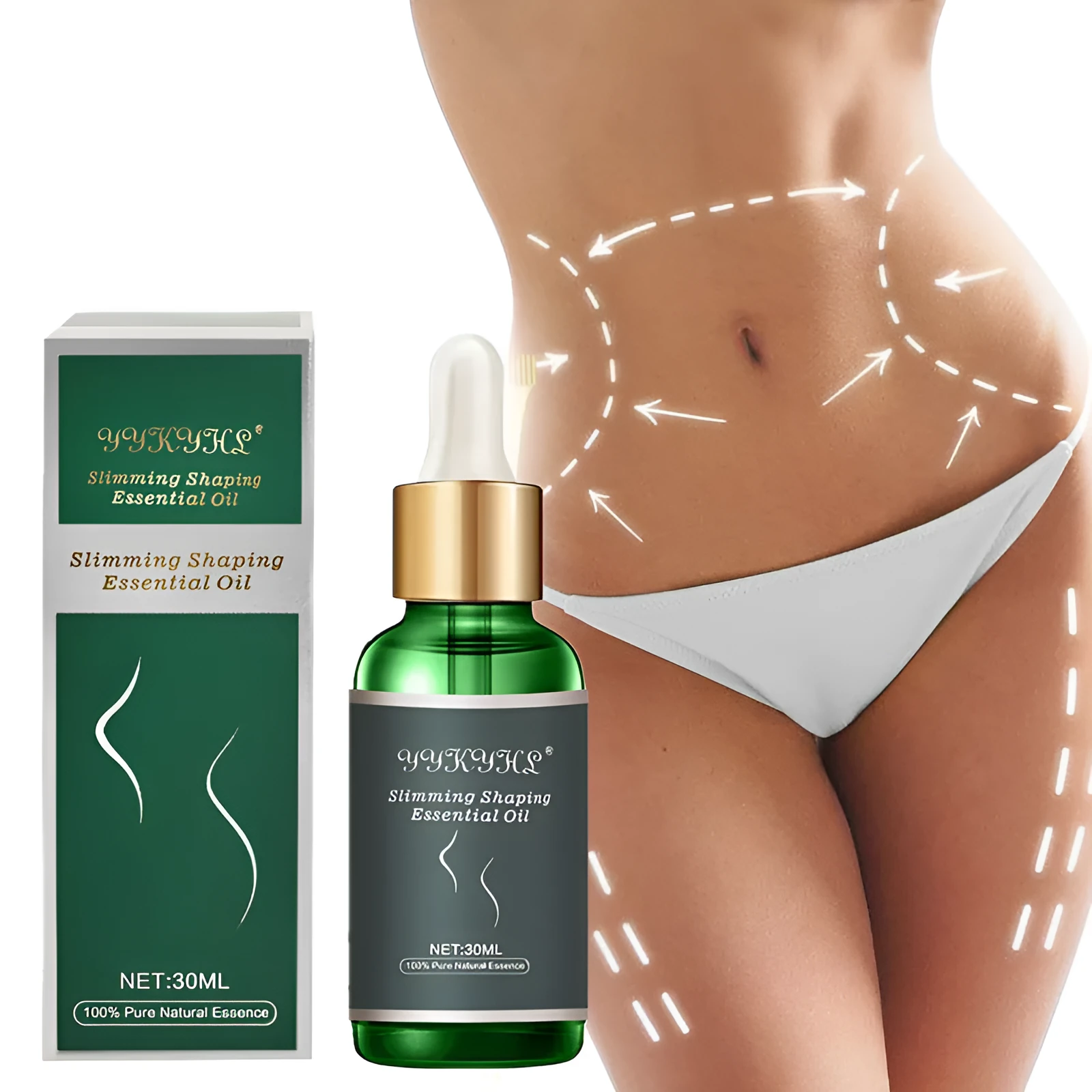 Green bottle of body essential oil with grape seed extract, 30ml, for waist and leg sculpting