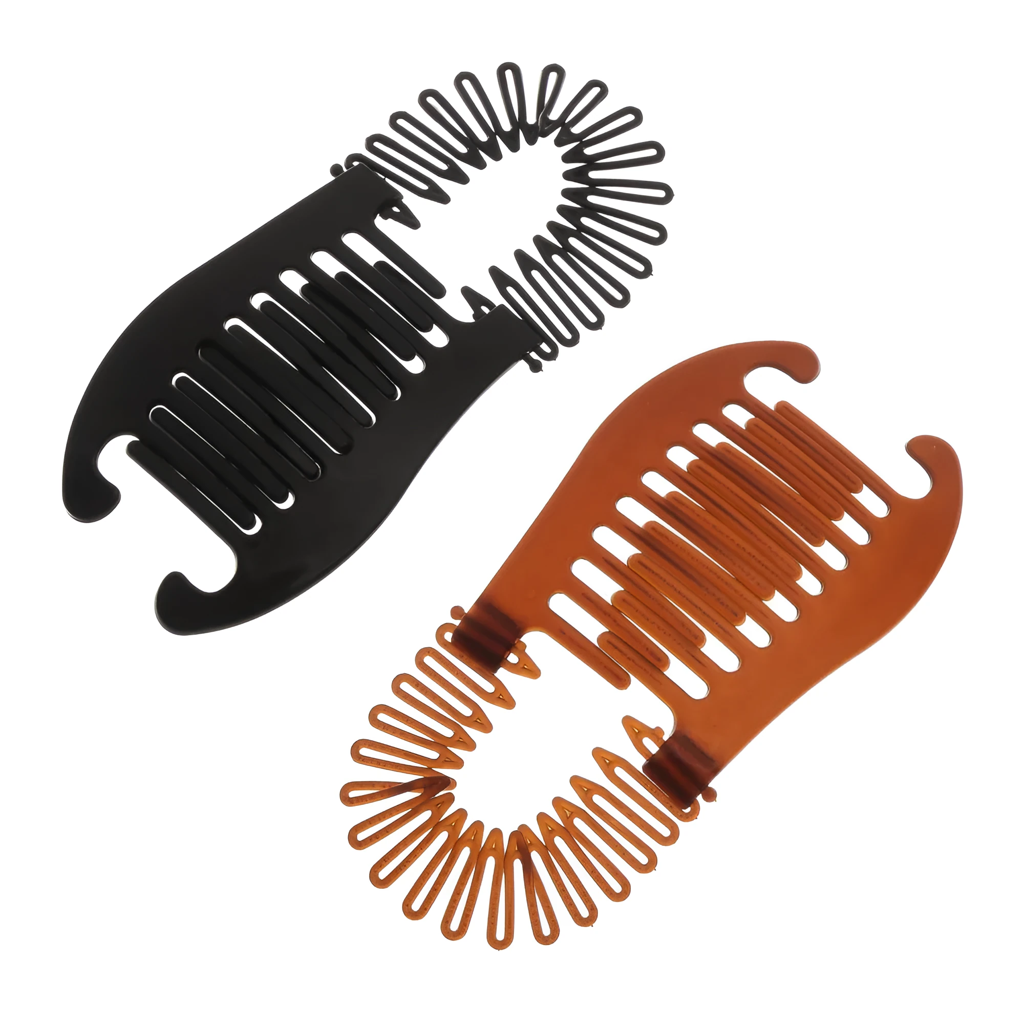 Retro fish-shaped hair claw clip in black with metal accents and adjustable hairband on a flat surface