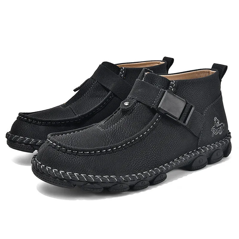 Handmade stitching casual flat bottom slip on shoes in black synthetic leather with literary retro style