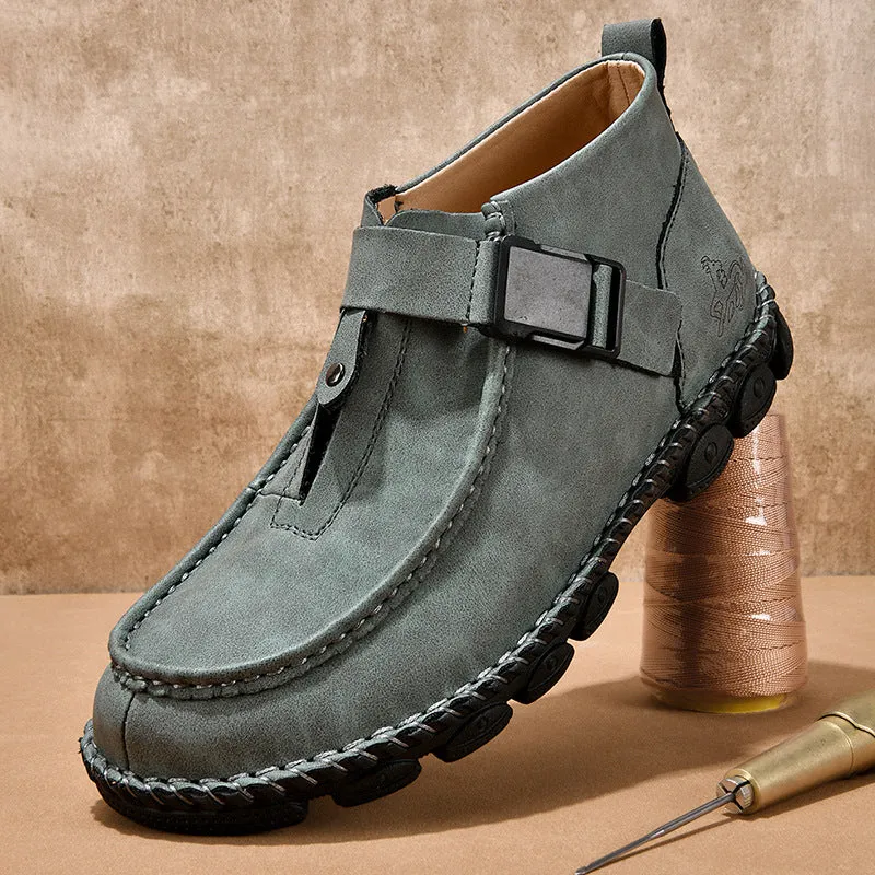 Handmade stitching casual flat bottom slip on shoes in black synthetic leather with literary retro style