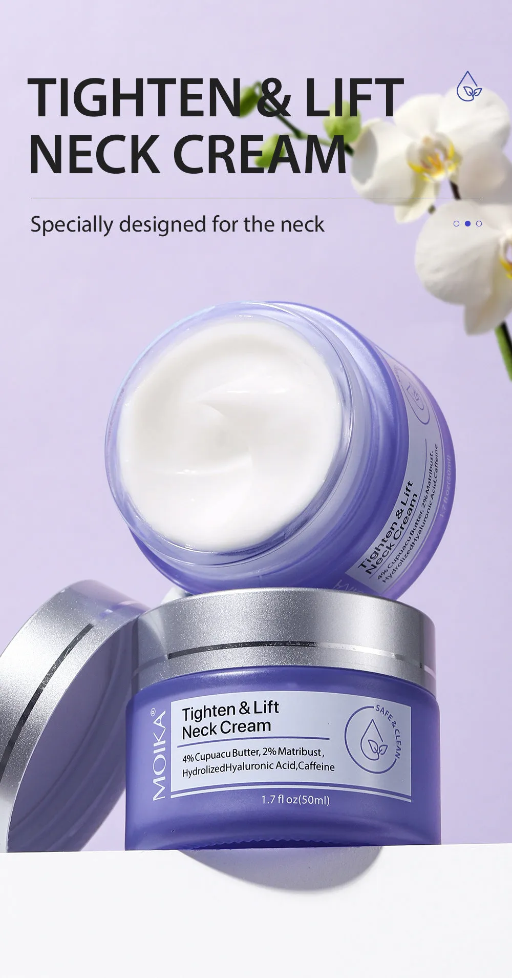 Neck firming cream in a white jar with gold lid, 50g, for reducing wrinkles and sagging skin