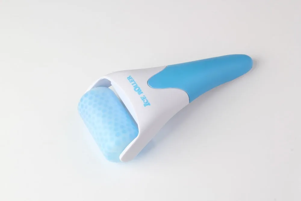 Plastic ice roller face roller in blue with removable head on white background