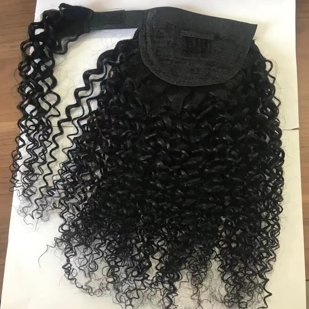 Real Human Hair Velcro Ponytail Kinky Curly Natural Colour Ladies Tresses Extension 8-28 Inch Medium Long Hair Machine Weft Detachable Ponytail Piece