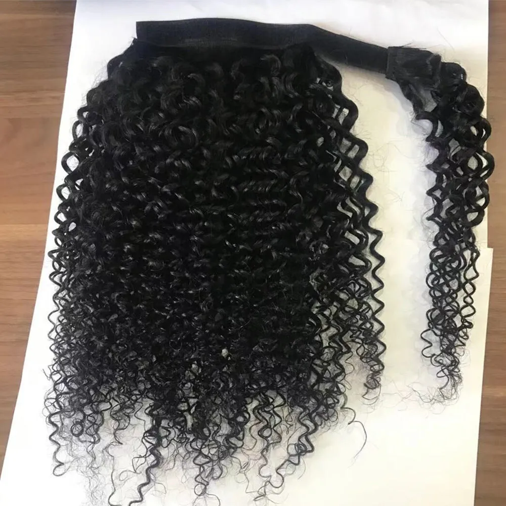 Real Human Hair Velcro Ponytail Kinky Curly Natural Colour Ladies Tresses Extension 8-28 Inch Medium Long Hair Machine Weft Detachable Ponytail Piece