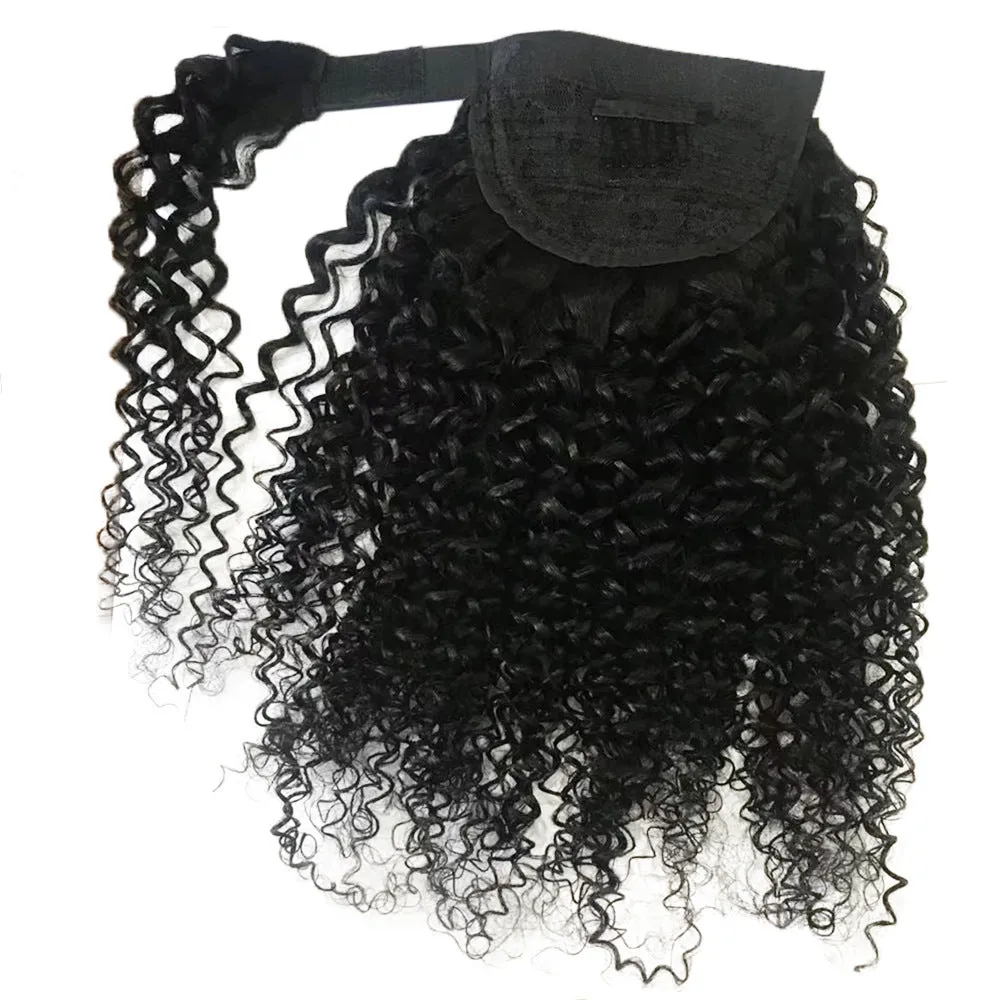 Real Human Hair Velcro Ponytail Kinky Curly Natural Colour Ladies Tresses Extension 8-28 Inch Medium Long Hair Machine Weft Detachable Ponytail Piece