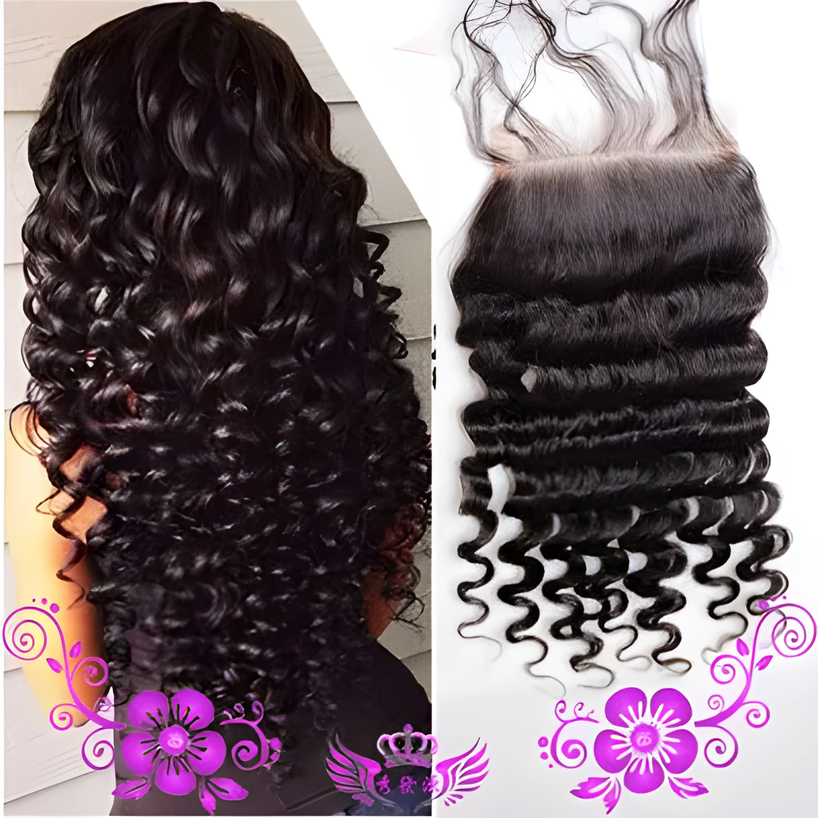 Hand-woven human hair full lace wig with deep wave closure on 4x4 lace base