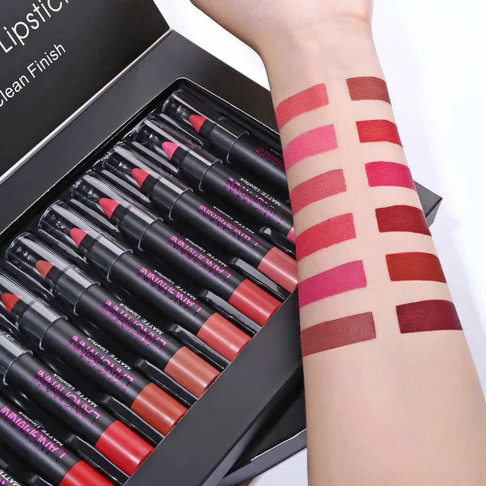 Non-stick cup matte velvet lipstick set with 12 long-lasting 3.5g lipsticks in a range of colours