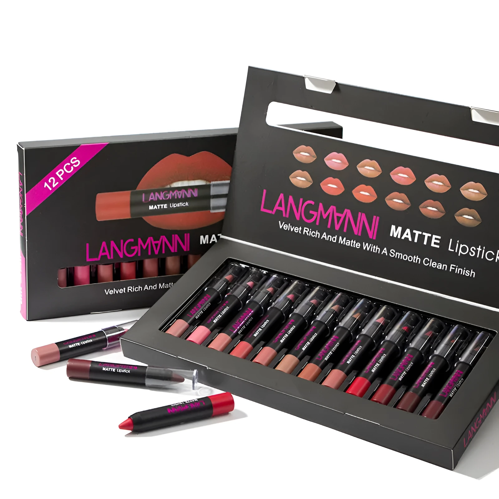 Non-stick cup matte velvet lipstick set with 12 long-lasting 3.5g lipsticks in a range of colours