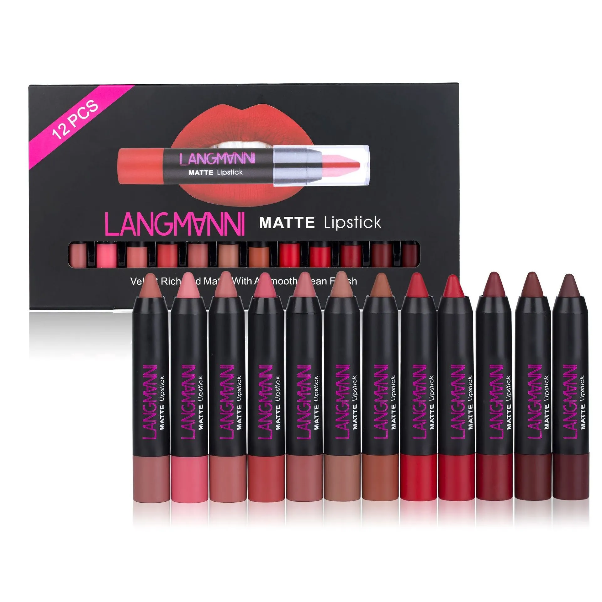 Non-stick cup matte velvet lipstick set with 12 long-lasting 3.5g lipsticks in a range of colours