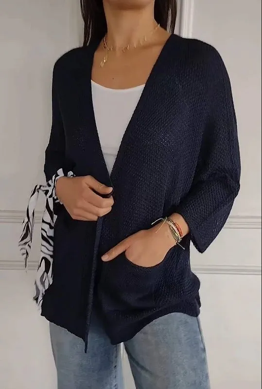 Women's thin waffle fabric cardigan coat with nine-quarter sleeves in army green colour.