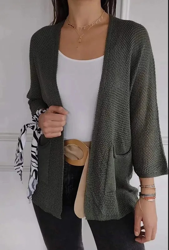 Women's thin waffle fabric cardigan coat with nine-quarter sleeves in army green colour.