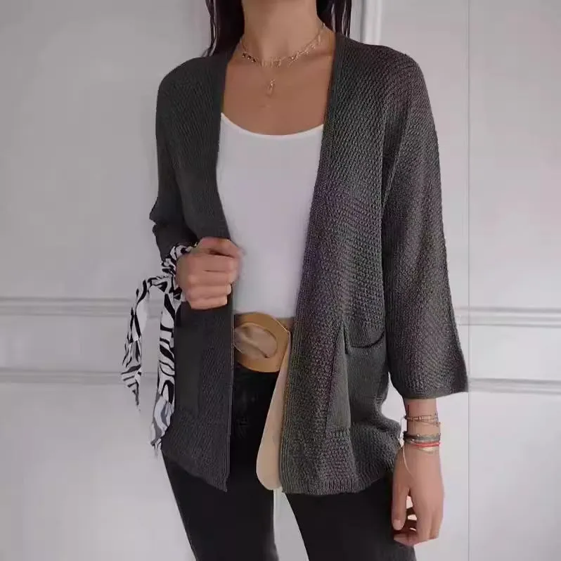 Women's thin waffle fabric cardigan coat with nine-quarter sleeves in army green colour.