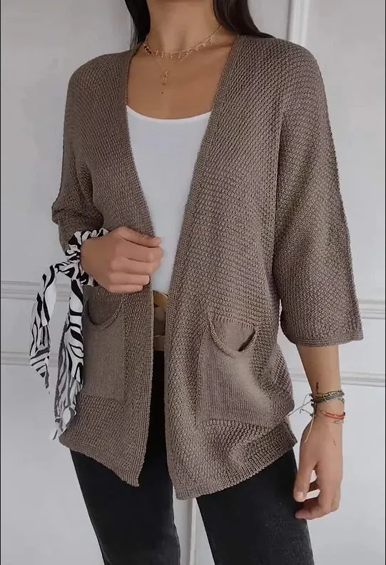 Women's thin waffle fabric cardigan coat with nine-quarter sleeves in army green colour.
